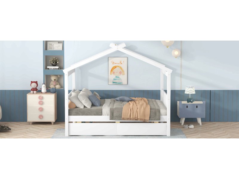 Lit double en bois avec tiroirs, Blanc