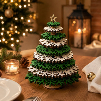Wooden Tabletop Christmas Tree DIY Assembly Snowflake Xmas Tree with Star Topper Small Desktop Decor for Holiday Tabletop Home Ornament Christmas Deco