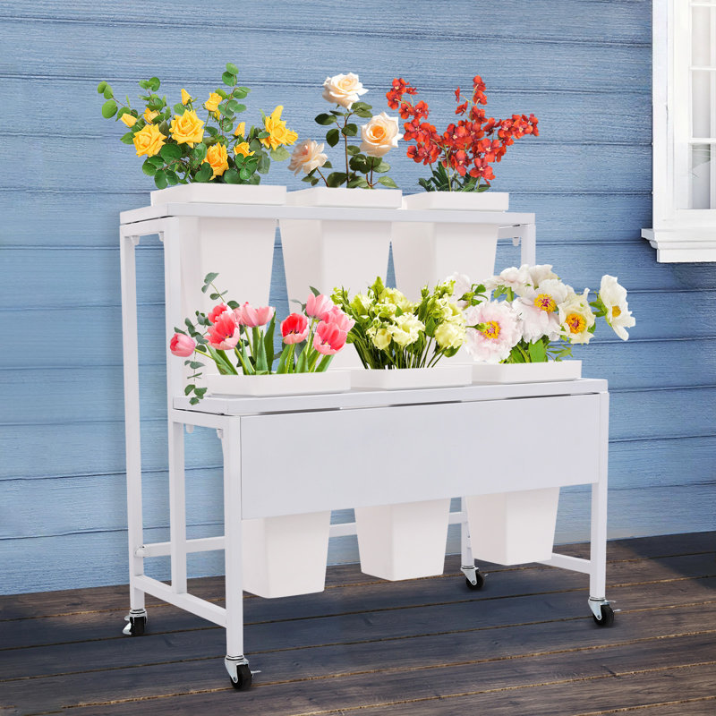 2-Tier Flower Display Stand With 6Pcs Buckets, White