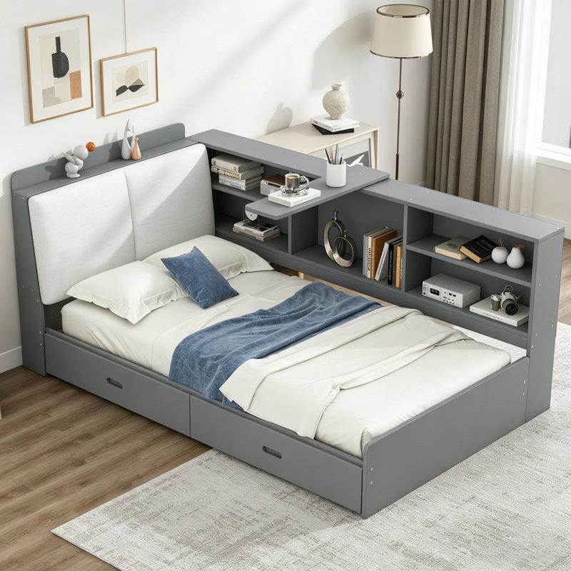 Lit plateforme avec tête de rangement, bibliothèque intégrée et 2 tiroirs, cadre de lit en bois avec dossier rembourré et lit escamotable, lit plateforme tapissier, cadre de lit multifonctionnel, lit robuste sans sommier, pour chambre à coucher, gris et Blanc