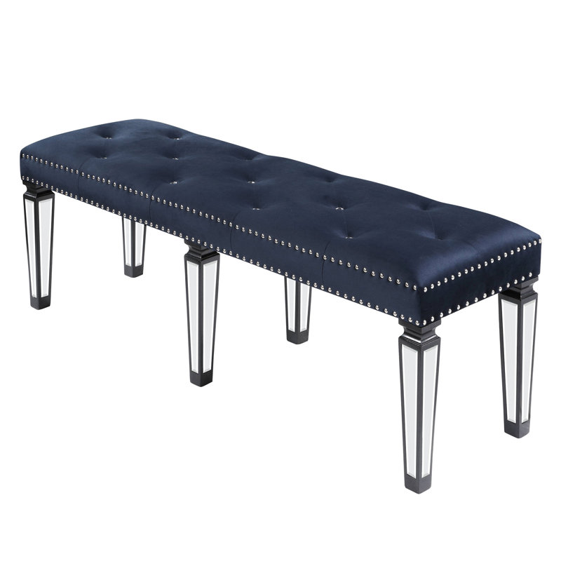 Bedroom Glamour Bench In Dark Navy Velvet With Seat And Mirrored Leg Captivation Style Elegance Fascination