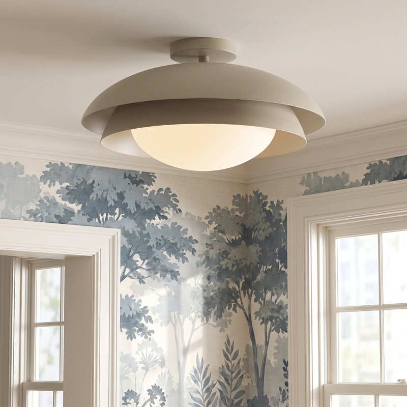 Plafonnier semi-encastré moderne à 1 lumière en taupe l 17,75 "x H 9,25" avec diffuseur en verre blanc doux, Taupe