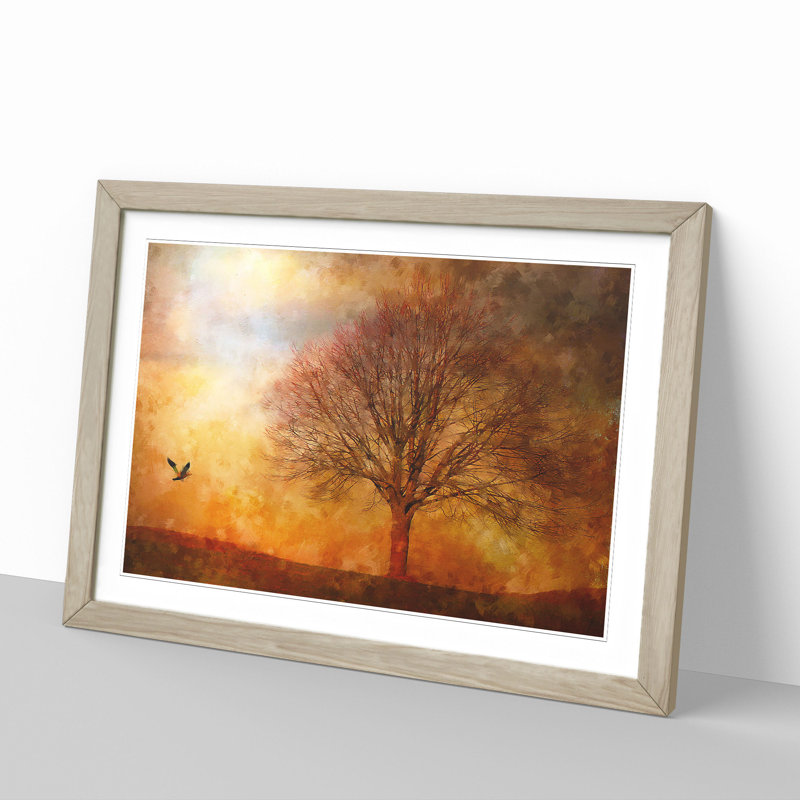 Bird and Tree at Sunset - Picture Frame Painting, 27cm H x 36cm W x 2cm D, Oak Framed