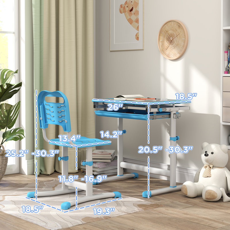 Wrought Studio™ Kids Desk And Chair Set, Height Adjustable Study Table And Chair Set With Drawer, Pen Slot, Tiltable Desktop, Hook