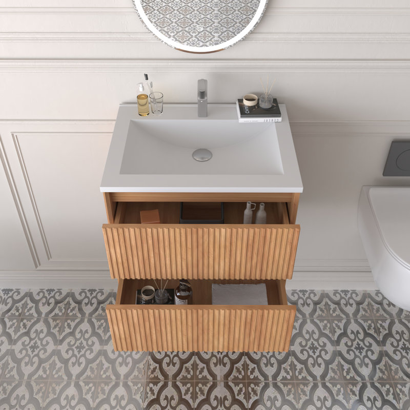 Meuble-lavabo simple mural 24 po, base de meuble-lavabo flottant moderne à texture de bois cannelée avec 2 tiroirs, finition noyer