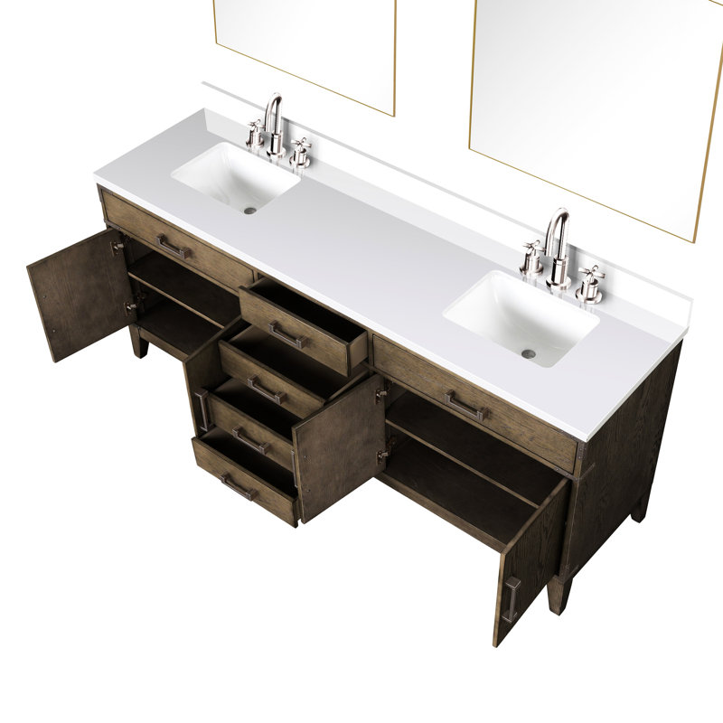 Meuble-lavabo double en chêne gris, comptoir en quartz, robinet, 36 miroirs, meuble-lavabo poli à la main pour durer, P, surface, fini scellé et durable