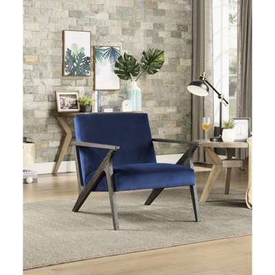 Fauteuil d'appoint moderne avec velours, bleu marine, structure en bois d'hévéa massif, 36,5 po Profondeur de l'emballage, finition gris antique, hauteur de chaise de 30 po, revêtement en velours bleu marine, intérieur rétro