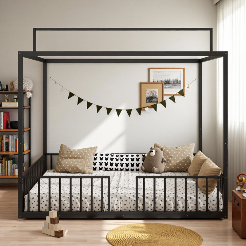 Metal Canopy Bed With Removable Fence, Black, Full