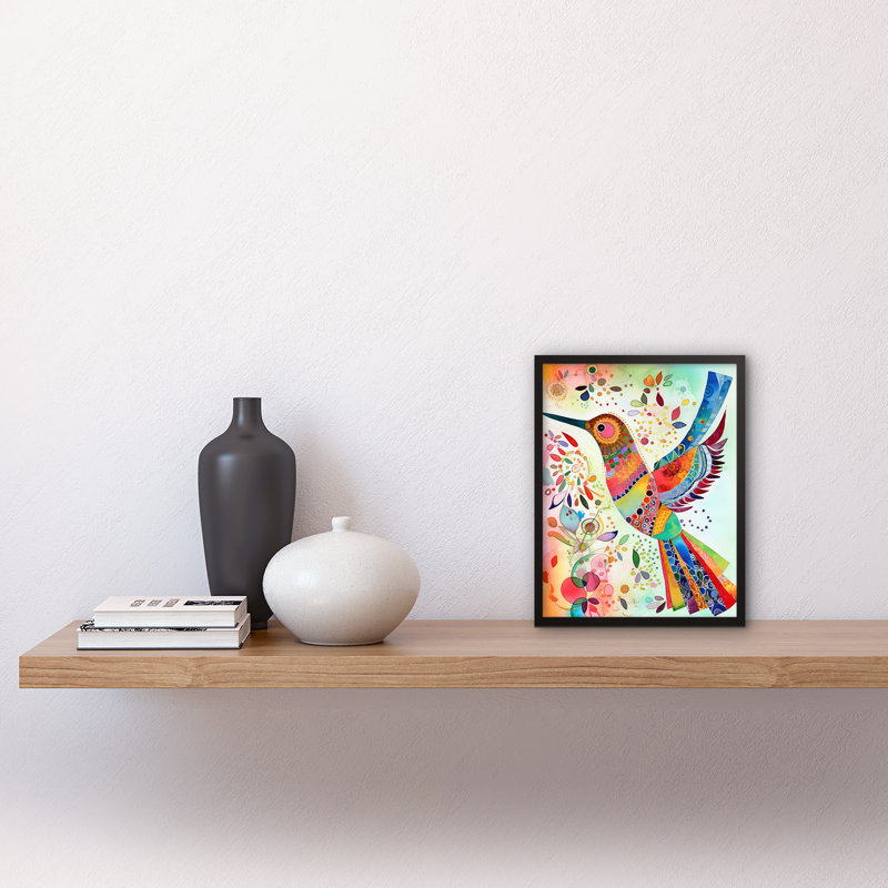 Hummingbird With Multicolour Pattern Feathers Folk Art Watercolour Painting Artwork Framed Wall Art Print 9X7 Inch