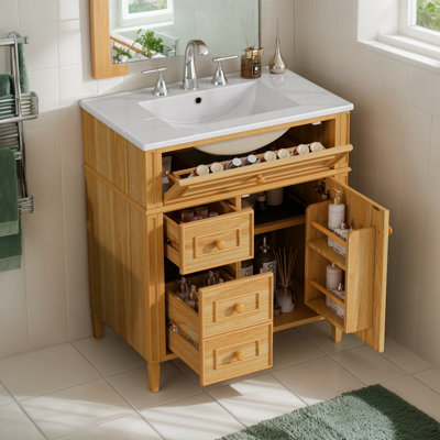 Meuble-lavabo 30 po avec lavabo, meuble-lavabo en bois avec tiroir rabattable et poignées en bois, 2 tiroirs, 1 porte