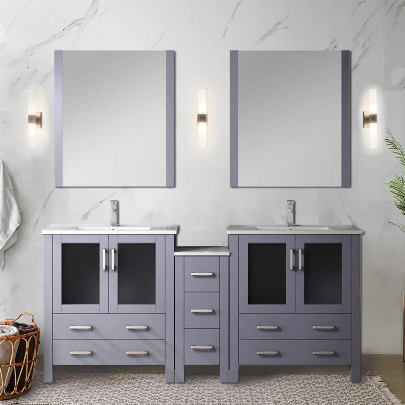 Gris foncé foncé de 72 po W Double meuble-lavabo, comptoir en céramique blanche, miroirs inclus, conception de tiroir à fermeture douce, armoires latérales de meuble-lavabo Scratch, 28 miroirs, système, surface