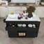 Îlot de cuisine 74,8 po avec table de salle à manger extensible, plateau en placage de marbre et prise de courant intégrée - Chariot de rangement mobile avec 3 tiroirs et armoire, chariot de cuisine roulant pour la salle à manger, noir