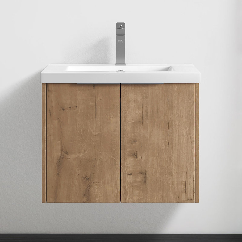 Meuble-lavabo mural simple 23,6 po avec plateau en résine Almosta, Brun