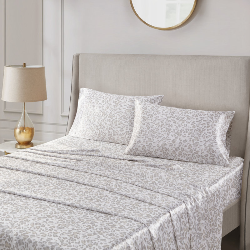 Printed Satin Wrinkle Resistant Luxury Sheet Set, Twin Sheet Set + 1 Standard Pillowcases, Taupe Leopard