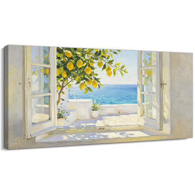Art mural sur toile citronnier Timuba, peinture de fenêtre méditerranéenne, décoration murale de cuisine fraîche pour la salle à manger ou le salon, œuvre d'art jaune vif, photo tendue avec châssis, prête à être suspendue, 20 po x 40 po