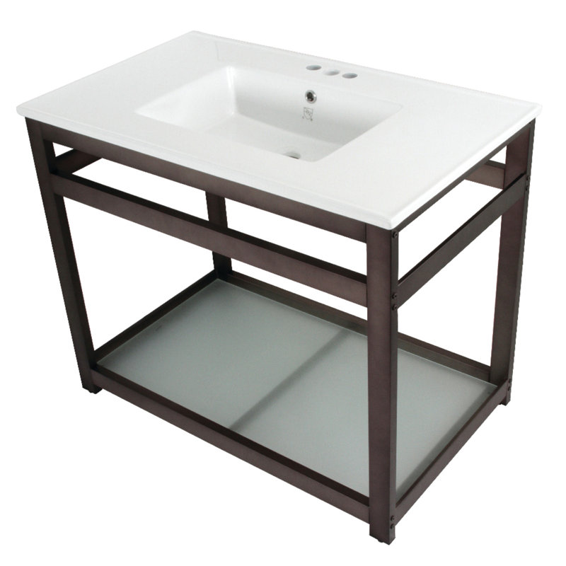 Kingston Brass Quadras 37-Inch Ceramic Console Sink with Steel Base and Glass Shelf (4-Inch, 3-Hole), White/Brushed Brass