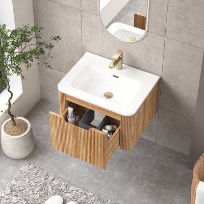 Meuble-lavabo mural moderne Elowen 24 po avec comptoir intégré, bois naturel, armoire préassemblée