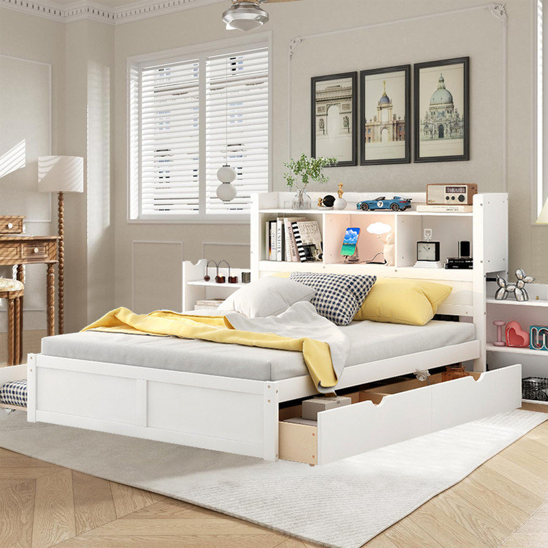 Lit multifonctionnel avec prises, USB, 2 tablettes de rangement, tête de lit et 2 tiroirs, Blanc