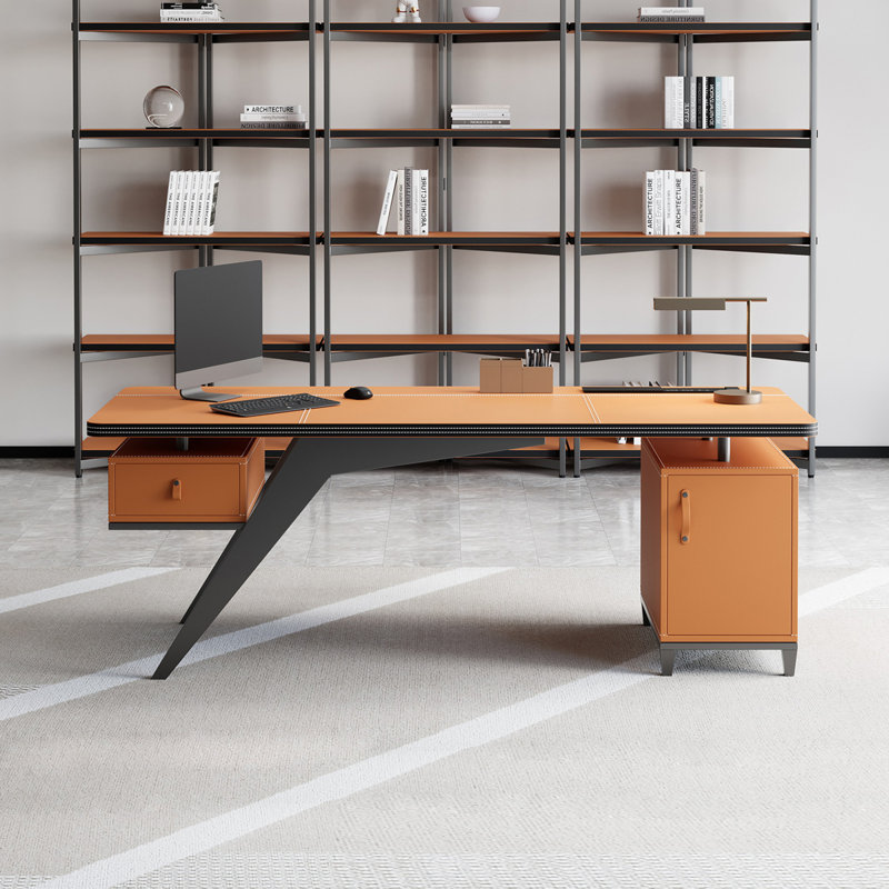 Bureau rectangulaire en acier inoxydable + avec 1 tiroir, Orange, H 29,53 po x l 70,87 po x P 27,56 po