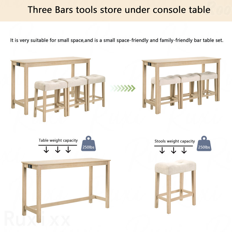 4-Piece Bar Dining Set: Table & 3 Padded Stools, Power Outlet, Light Oak