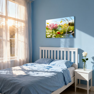 Floral Garden With Pink Lotus And Butterflies Canvas Wrapped Wall Art Oil Painting Print Set Of 1