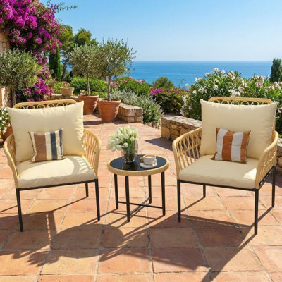 Ensemble de canapé de patio en rotin 3 pièces, chaises en osier PE, table en verre, coussins pour jardin de balcon