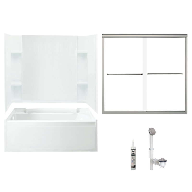 Ensemble de baignoire et douche rectangulaire sans cadre avec porte-serviettes et base 60 po x l 74,25 po, Nickel