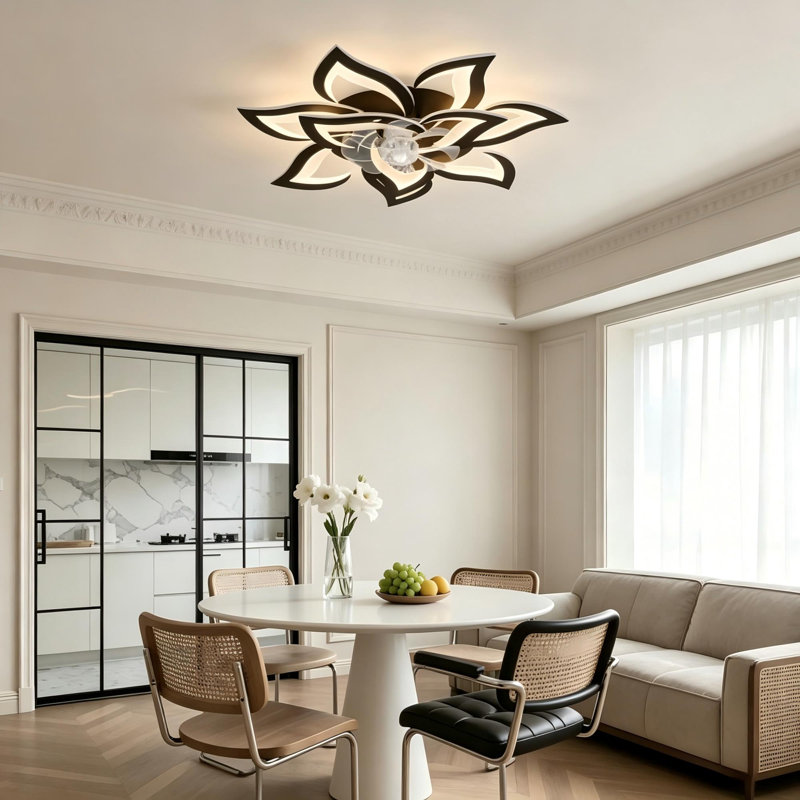 32in Black & White Modern Flower-Shaped Flush Mount Ceiling Fan, 32" Wide