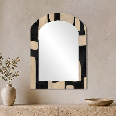 Abstract Decorative Wall Mirror – Beige and Black Boho Mosaic Earth Tones, Metal Print