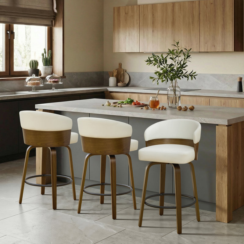 Tabouret de bar pivotant Mid-Century moderne en noyer courbé avec siège épais et capacité de 350 lb (ensemble de 3), Blanc, 3