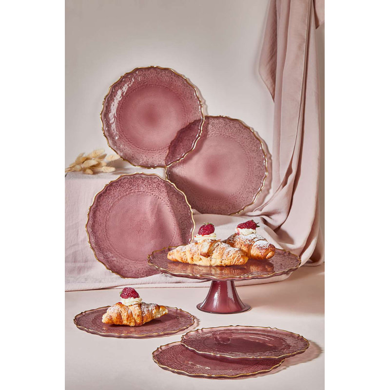 Ensemble d'assiettes à dessert élégantes 7 pièces, couleur damson, 6 assiettes (8,3 po) et support (11,0 po) | 100% verre, design élégant et durable | Parfait pour accueillir, les occasions spéciales et les présentoirs à dessert | Ne va pas au lave-vaisselle ni au micro-ondes
