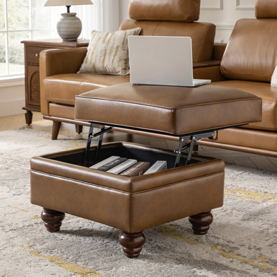 Djuana Transitional 27"W Lift-Top Leather Ottoman with Storage