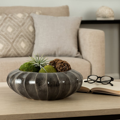 Bol décoratif rond en poterie nervurée avec fini glacé pour décoration intérieure - Bol décoratif moderne pour tablette, table basse ou décoration intérieure - 14 po, noir