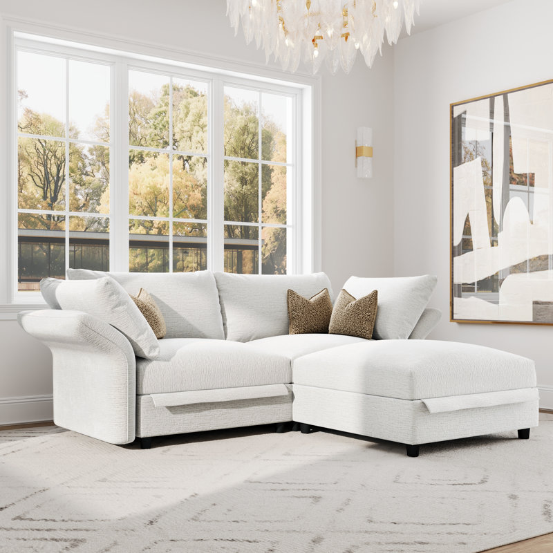 3-Seater Deep Seat Chenille Couch With Ottoman, Beige