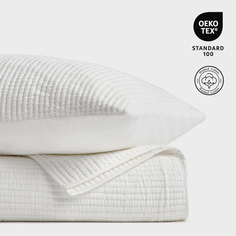 Ribbed Matelassé Cotton Coverlet Set, Queen Quilt + 2 Queen Shams, Bright White