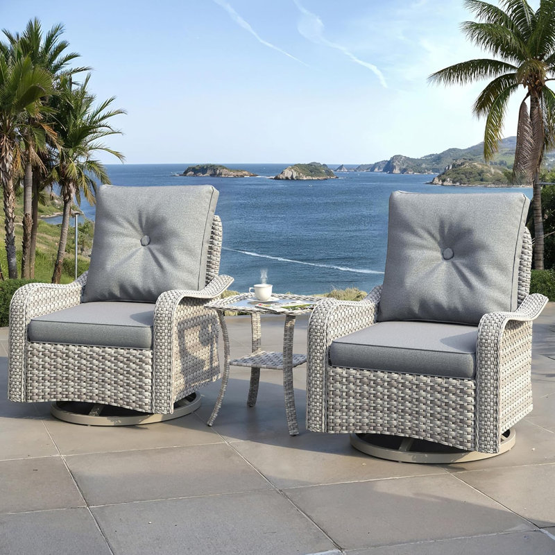 Ensemble de chaises 3 pièces pivotantes en osier avec coussins de 4 po et table d'appoint, gris, Gris clair
