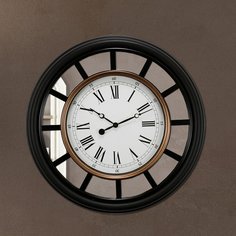 Oversized Black and Copper Wall Clock with Mirror Accent