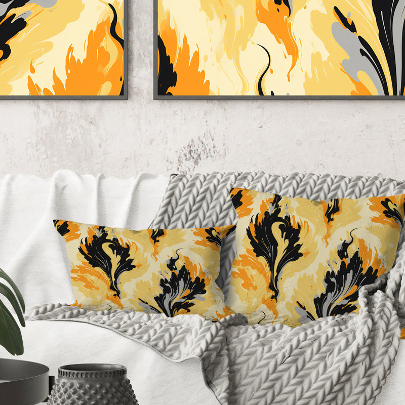 Oreiller en polyester jaune et noir rétro Ikat Nostalgia