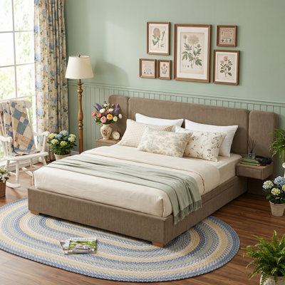 Chenille Upholstered Platform Bed with Built-In Nightstands and 2 Storage Drawers