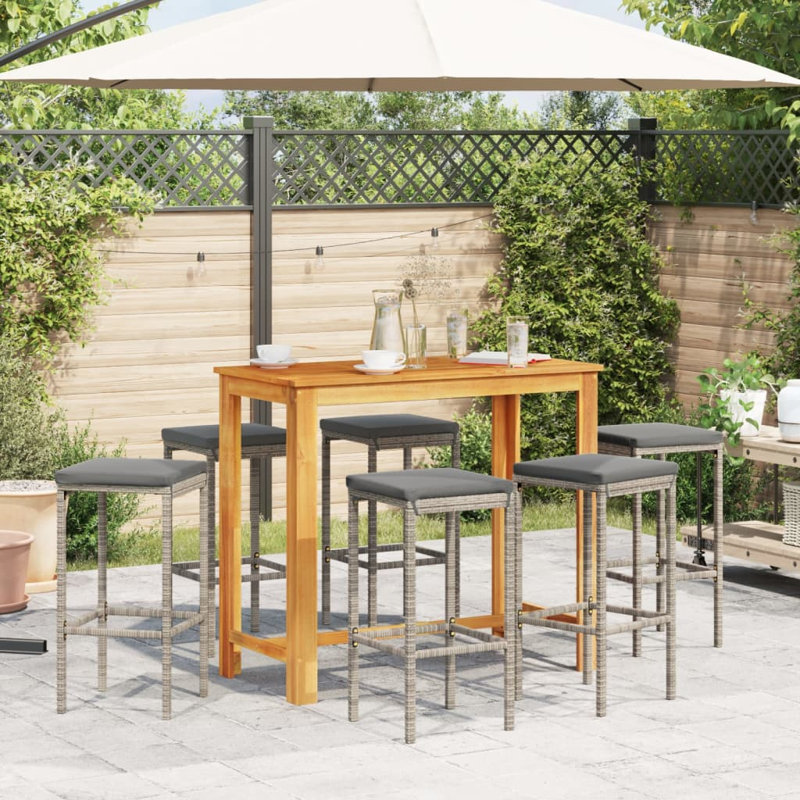Wildon Home® 7 Piece Patio Bar Set Gray Solid Wood Acacia And Poly Rattan, Gray, Gray
