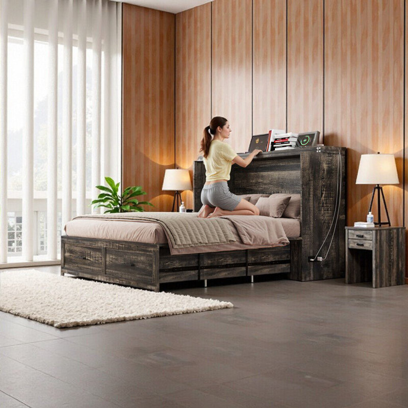 Grand lit escamotable avec station de charge et grand espace de rangement - Lit plateforme pliable de style campagnard gris rustique pour chambre d'amis, salon, bureau