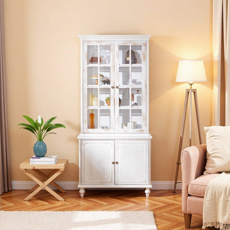 Bibliothèque de campagne 77,5 "avec portes en verre, armoire de rangement avec tablettes réglables 77,5"