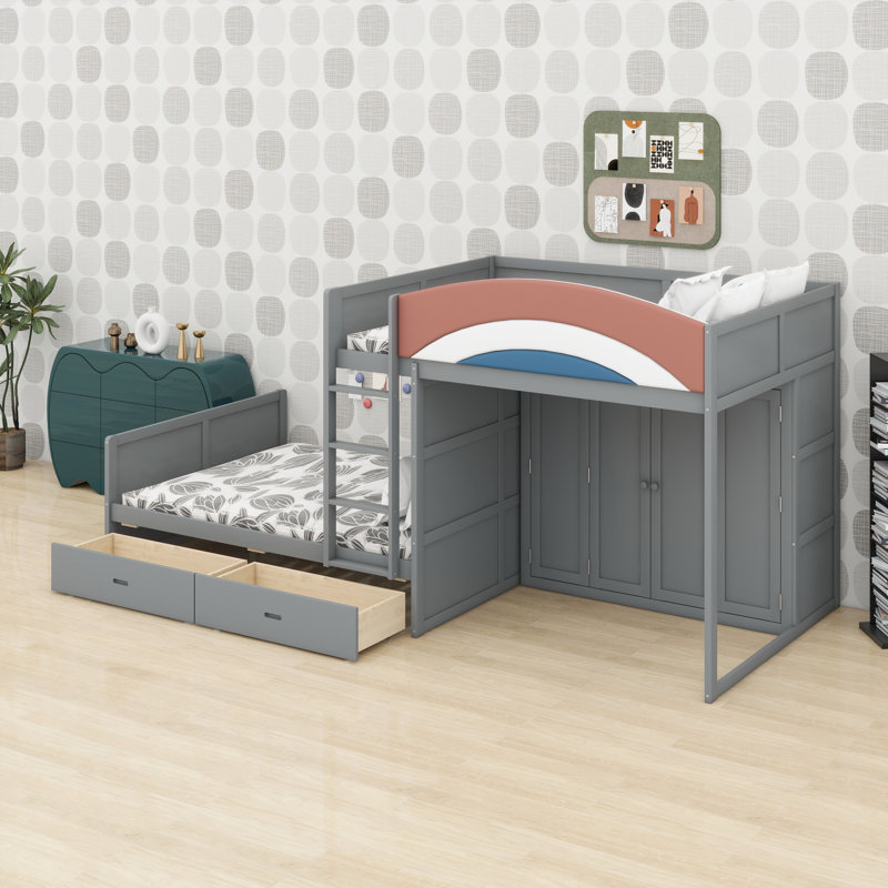 Multi-Functional Offset Bunk Bed Featuring Wardrobe, Drawers, Upholstered Guardrail, and Hanging Rod System, Gray