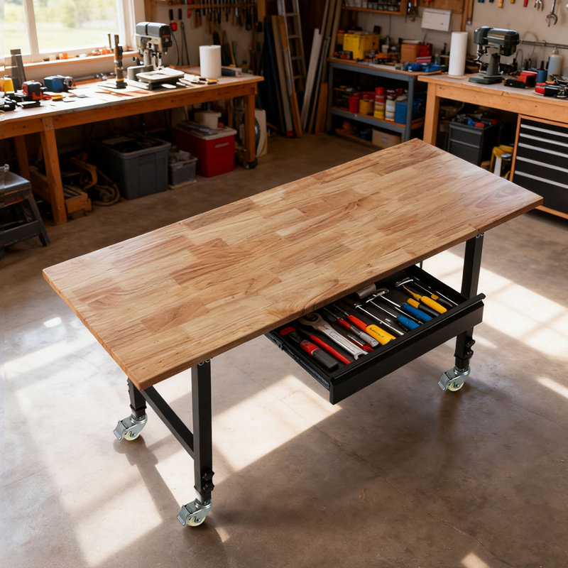 Établi réglable sur roulettes, capacité de 2000 lb, établi en bois de chêne avec plateau et prises de courant 60 po x 24 po, table de travail robuste en bois franc pour garage, atelier, maison, bureau, commercial