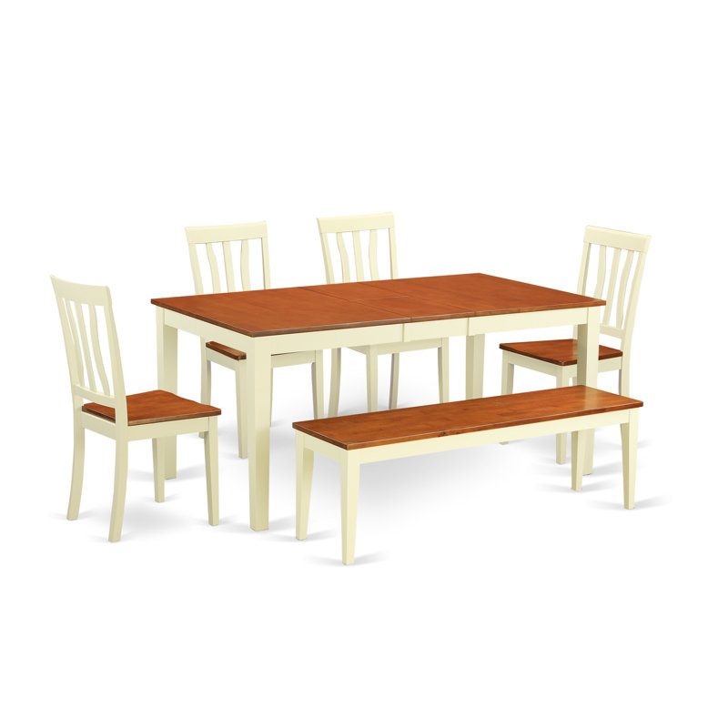6 Piece Kitchen Table & Chairs Set Contains a Rectangle Dining Table with Butterfly Leaf and 4 Dining Room Chairs with a Bench, Buttermilk & Cherry