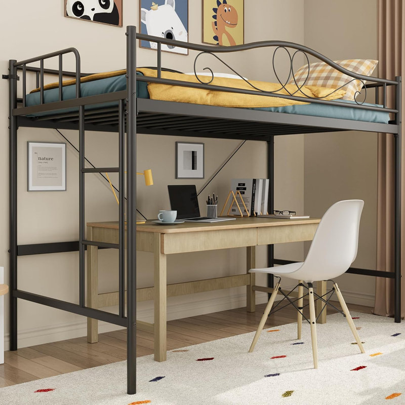 Heavy Duty Twin Loft Bed Frame, Ladder Included, Full Safety Guardrail, Metal Capacity, Space-Saving, Black