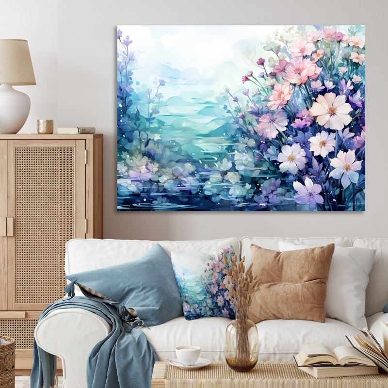 Fleurs bleues et mauves sous l'eau - Art mural fantastique, Toile tendue, H 16 po x l 32 po x P 1 po