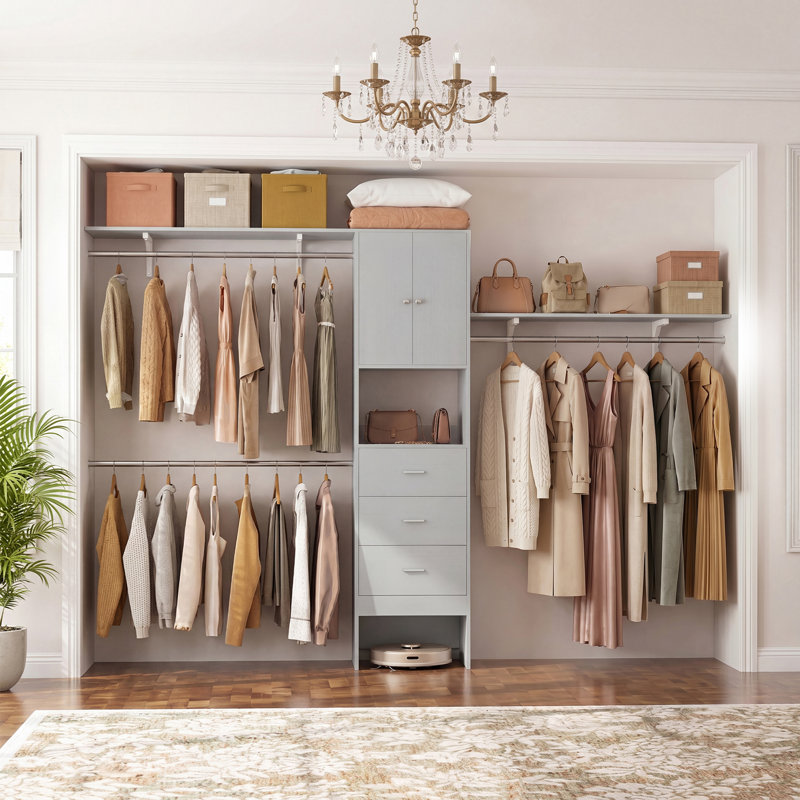 120" W Wooden Closet Organizer With Doors And Drawers, grey