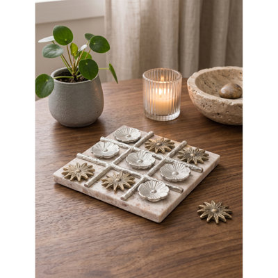 9" Marble and Aluminum Tic Tac Toe Game Set with Floral Gold and Silver Pieces
