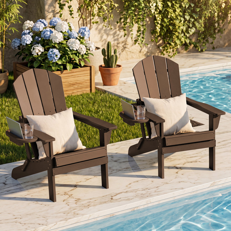  Chaise Adirondack pliante Cheryce en PEHD avec porte-gobelet, Café